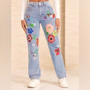 Flower Painted Straight Leg Jeans